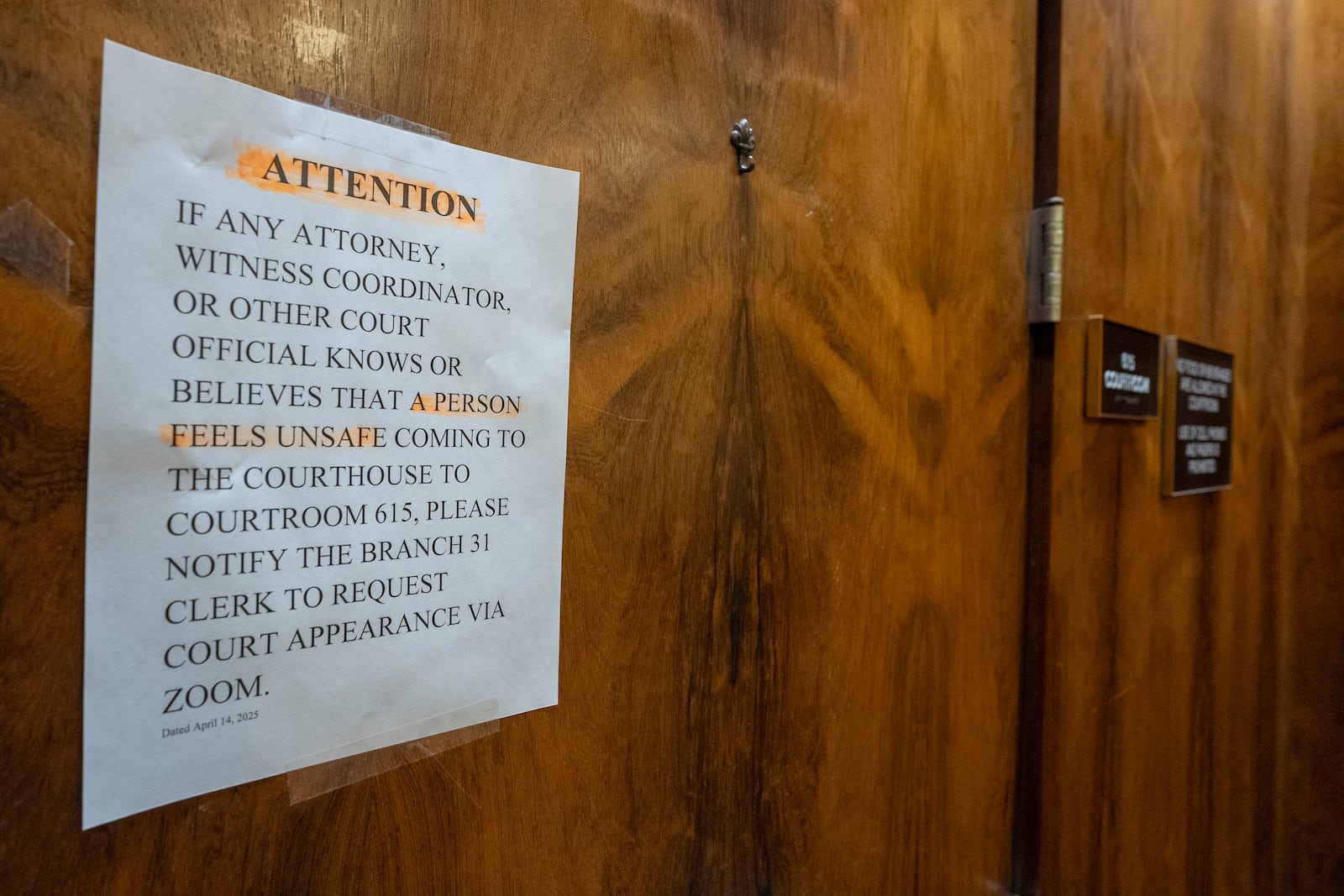 FILE - A sign is posted outside of county Judge Hannah Dugan's courtroom at the Milwaukee County courthouse, April 25, 2025, in Milwaukee. (AP Photo/Andy Manis, File)