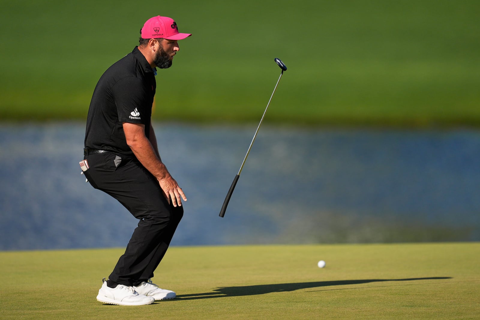 Jon Rahm, of Spain, reacts after missing a putt on the 16th hole during the final round of the PGA Championship golf tournament at the Quail Hollow Club, Sunday, May 18, 2025, in Charlotte, N.C. (AP Photo/George Walker IV)