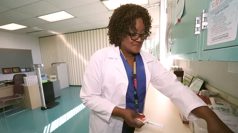 Mercy Health — Springfield and Clark State Community College are opening a clinic on the school’s campus that will serve the community and provide learning opportunities for students. Vera Ruffin, RN, works in the Clark State Community College’s Health Clinic in the Applied Science Center on their Leffel Lane campus. Bill Lackey/Staff