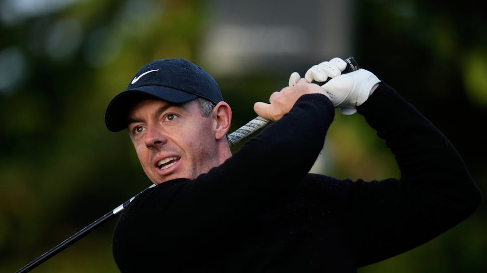 Rory McIlroy, from Northern Ireland, hits toward the second fairway at Pebble Beach Golf Links during the final round of the AT&T Pebble Beach Pro-Am golf tournament in Pebble Beach, Calif., Sunday, Feb. 15, 2026. (AP Photo/Godofredo A. Vásquez)