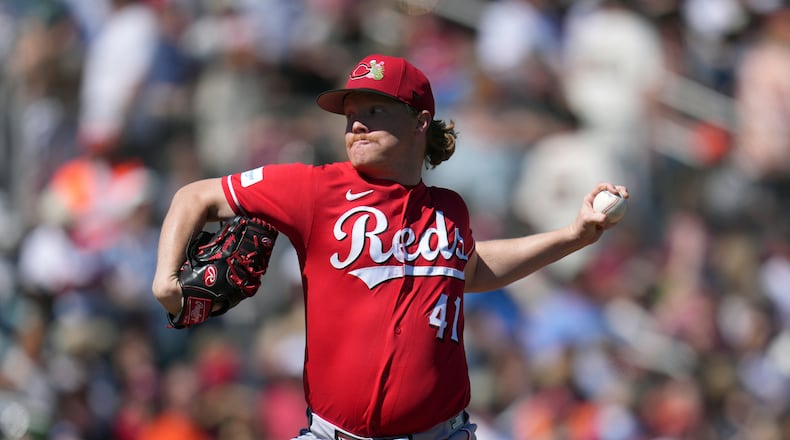 Cincinnati Reds starting pitcher Andrew Abbott throws against the San Francisco Giants during the first inning of a spring training baseball game Friday, March 6, 2026, in Scottsdale, Ariz. (AP Photo/Ross D. Franklin)