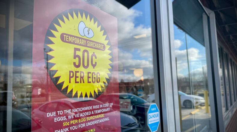 The Waffle House located at 1107 E. Dayton Yellow Springs Road in Fairborn has a sign posted on the front door saying that they've added a temporary 50 cent per egg surcharge due to the nationwide rise in cost of eggs. NATALIE JONES/STAFF