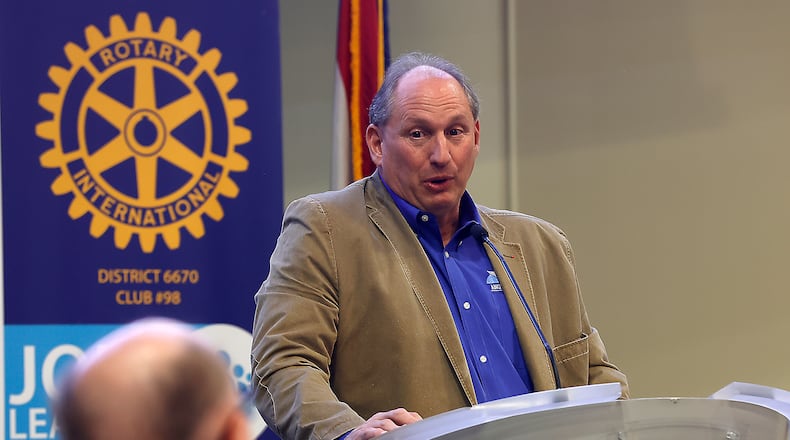 In a presentation to the Springfield Rotary, Angel Flight East Outreach and Events Director Jessica Ames offered information on the non-profit service based in Pennsylvania, and recognized Springfield Rotary member Scott Miller, pictured, as the organization’s Pilot of the Year. BILL LACKEY/STAFF