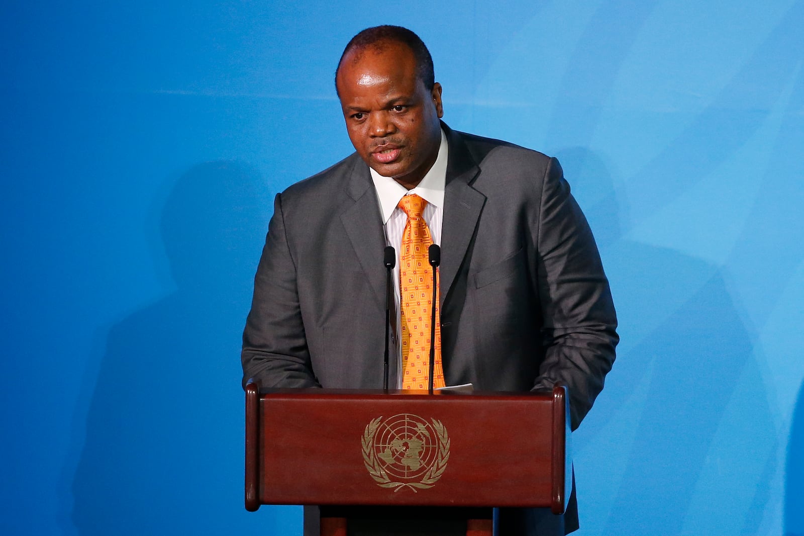 FILE - Eswatini's King Mswati III addresses the Climate Action Summit in the United Nations General Assembly at U.N. headquarters, Sept. 23, 2019. (AP Photo/Jason DeCrow, File)