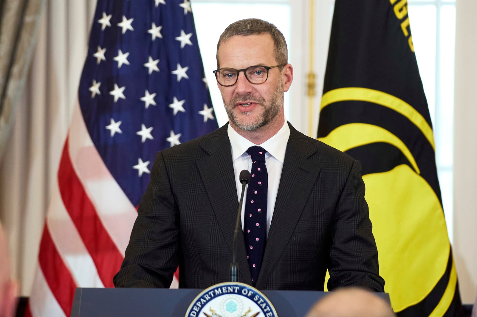 FILE - U.S. presidential envoy for hostage affairs Adam Boehler speaks during a ceremony to raise the Hostage and Wrongful Detainee flag at the State Department, March 6, 2025, in Washington. (AP Photo/Evan Vucci, File)
