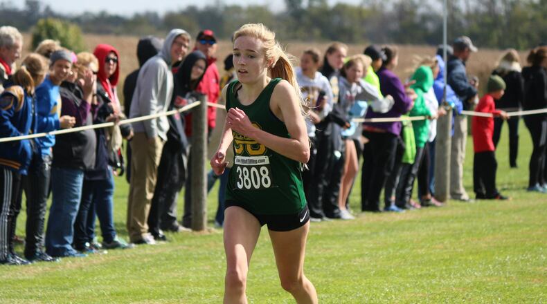 Addie Engel of Catholic Central won the Division III district girls cross country race Saturday at Cedarville University. Greg Billing/CONTRIBUTED