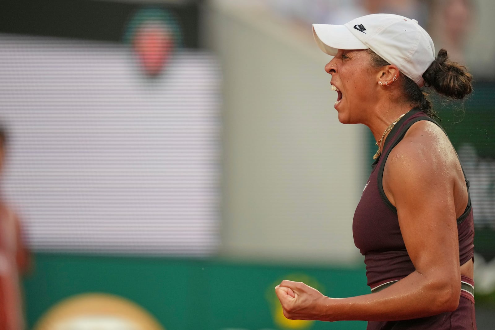 Madison Keys of the U.S. reacts winning a point United States' Sofia Kenin during their third round match of the French Tennis Open, at the Roland-Garros stadium, in Paris, Saturday, May 31, 2025. (AP Photo/Thibault Camus)