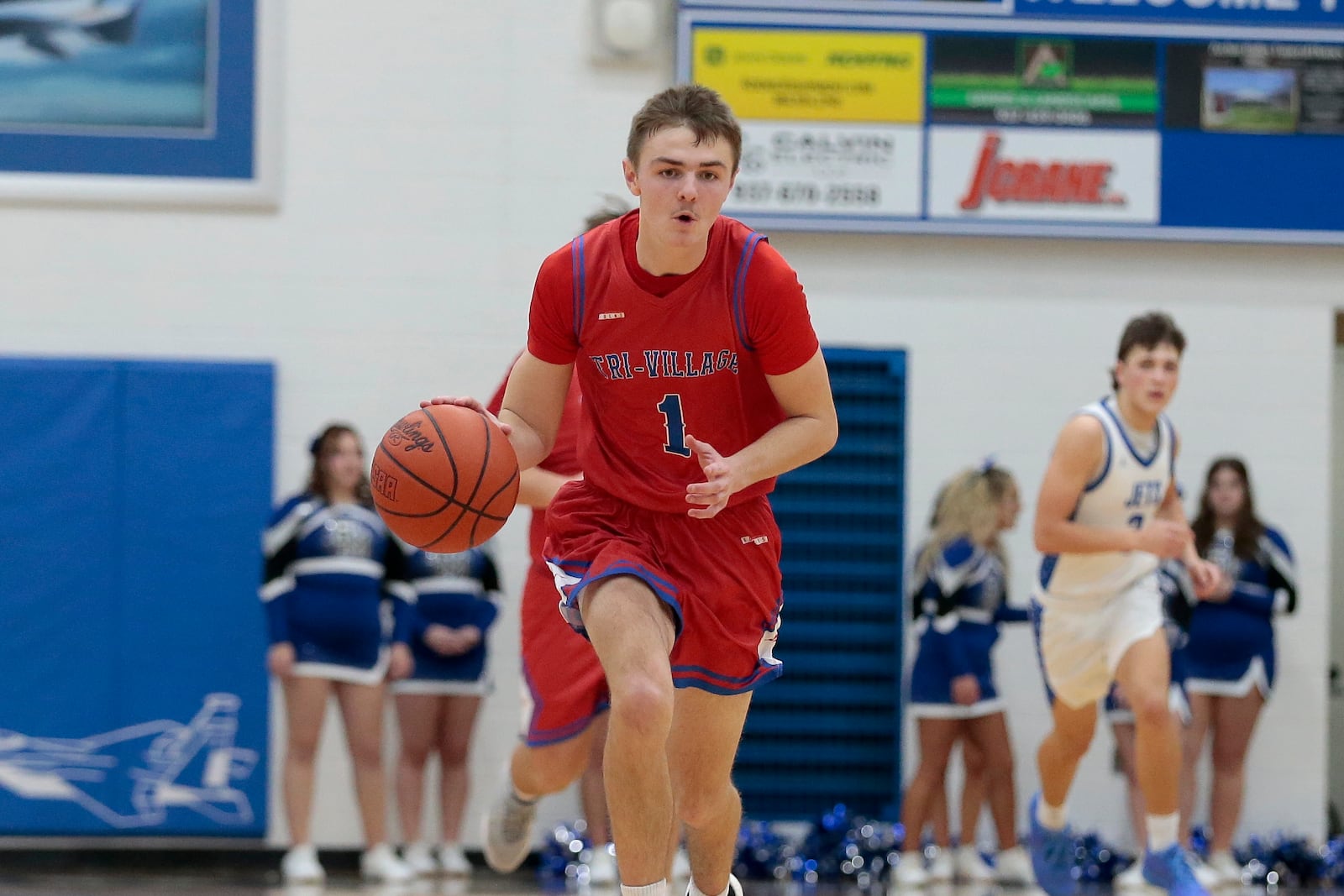 Tri-Village senior Trey Sagester brings the ball up the floor. Tri-Village defeated Franklin Monroe 58-15 in a Western Ohio Athletic Conference game on Friday, Jan. 23, 2026, in Pitsburg. STEVEN WRIGHT / STAFF