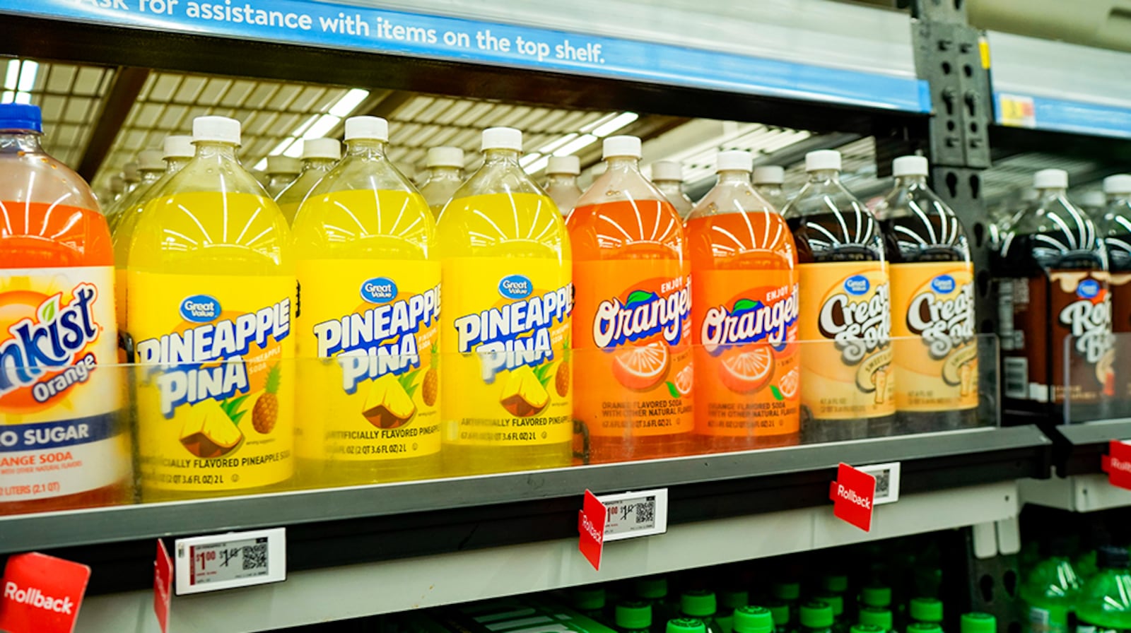 Great Value soda bottles on store shelf. CONTRIBUTED