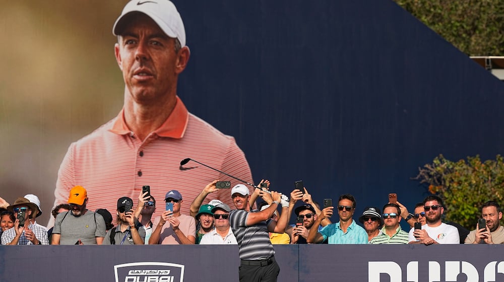 Rory McIlroy of Northern Ireland hits off the first tee during the first round of Dubai Invitational golf tournament in Dubai, United Arab Emirates, Thursday, Jan. 15, 2026. (AP Photo/Fatima Shbair)