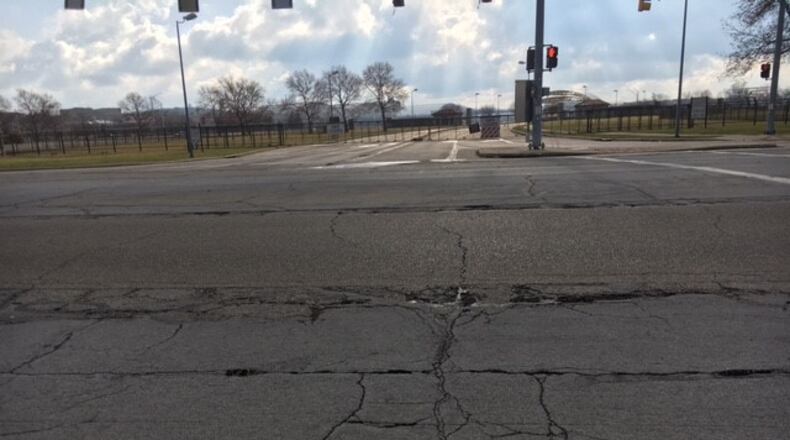 Springfield Street in Riverside, near Wright-Patterson Air Force Base's gate 1B, which has been closed since March. THOMAS GNAU/STAFF