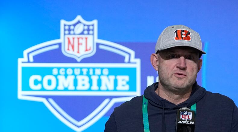 Cincinnati Bengals director of player personnel Duke Tobin speaks during a news conference at the NFL football scouting combine, Tuesday, Feb. 28, 2023, in Indianapolis. (AP Photo/Darron Cummings)