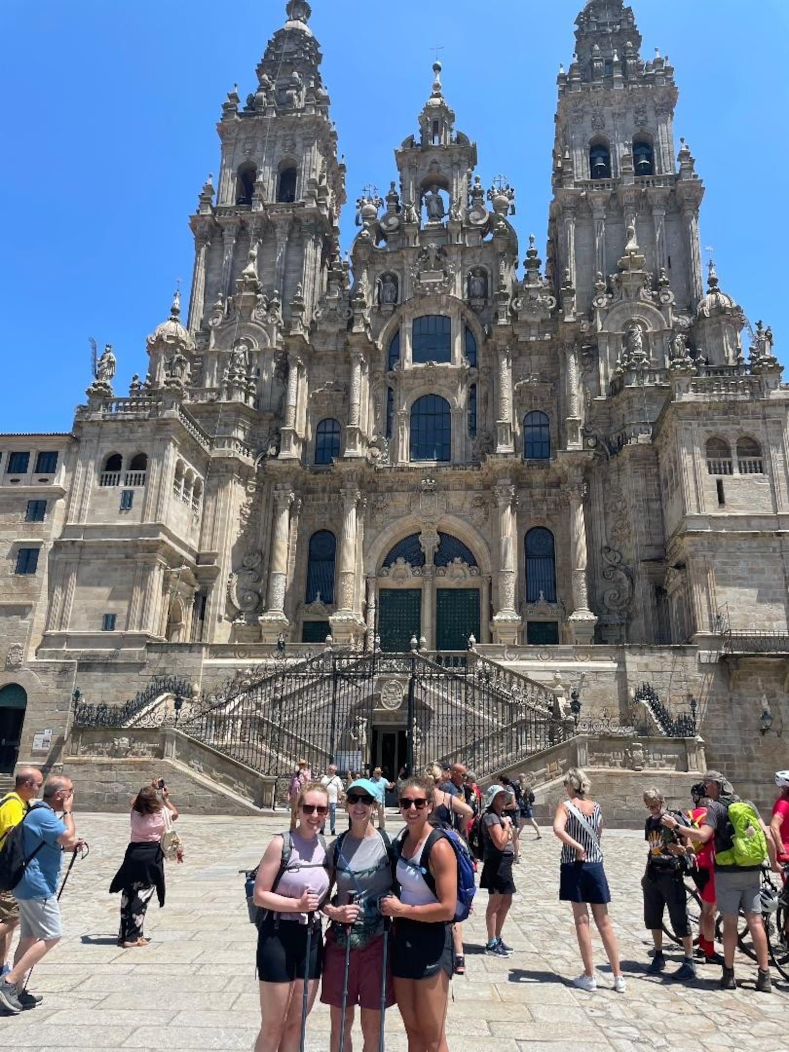 Cheryl McHenry with daughters Christina (left) and Maria after finishing walking a portion of the Camino de Santiago in June 2023. They are pictured in front of the Santiago de Compostela Cathedral in Spain. CONTRIBUTED