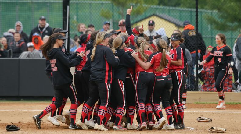 Lakota West celebrates after a victory against Beavercreek in a Division I regional championship on Saturday, May 29, 2021, at Centerville High School. David Jablonski/Staff