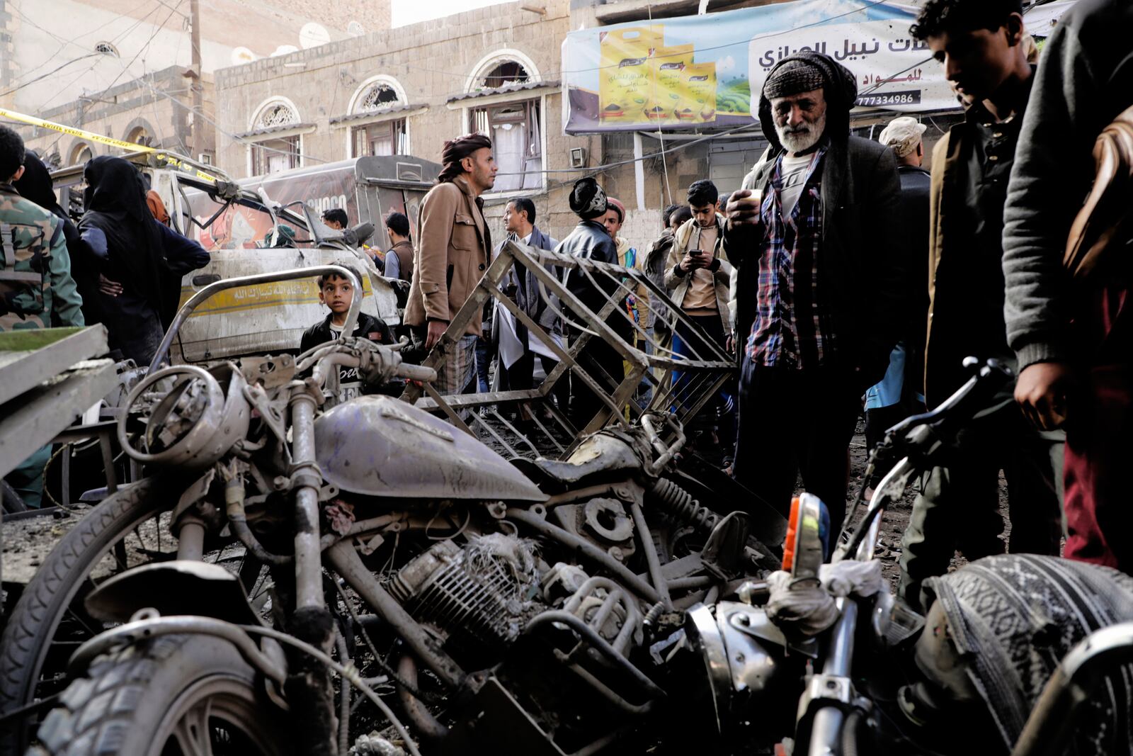 Yemenis look at damaged motorcycles at Farwah popular market, which Houthis said was struck by U.S. airstrikes, in Sanaa, Yemen, Monday, April 21, 2025. (AP Photo)