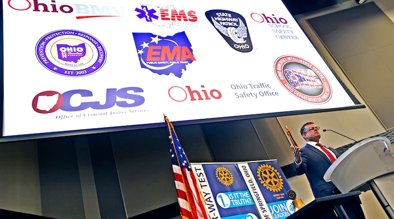 Former Clark County Prosecutor Andy Wilson, talks about his new roll as director of the Ohio Department of Public Safety and the different groups under the department Monday, April 10, 2023 as he speaks during the Springfield Rotary Club's weekly meeting. BILL LACKEY/STAFF