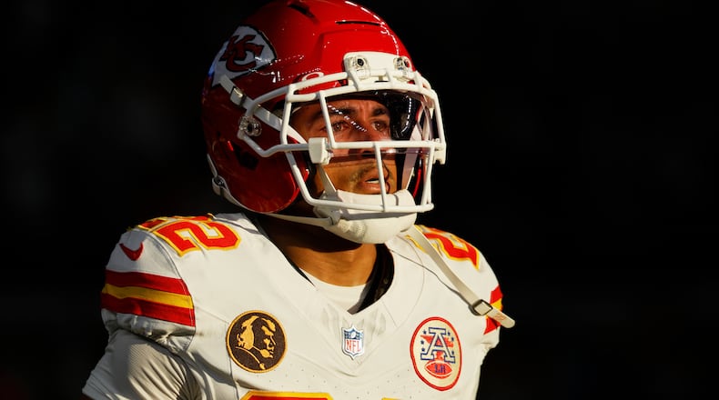 FILE - Kansas City Chiefs defensive back Trent McDuffie (22) during an NFL football game against the Dallas Cowboys, Nov. 27, 2025, in Arlington, Texas. (AP Photo/Matt Patterson, File)