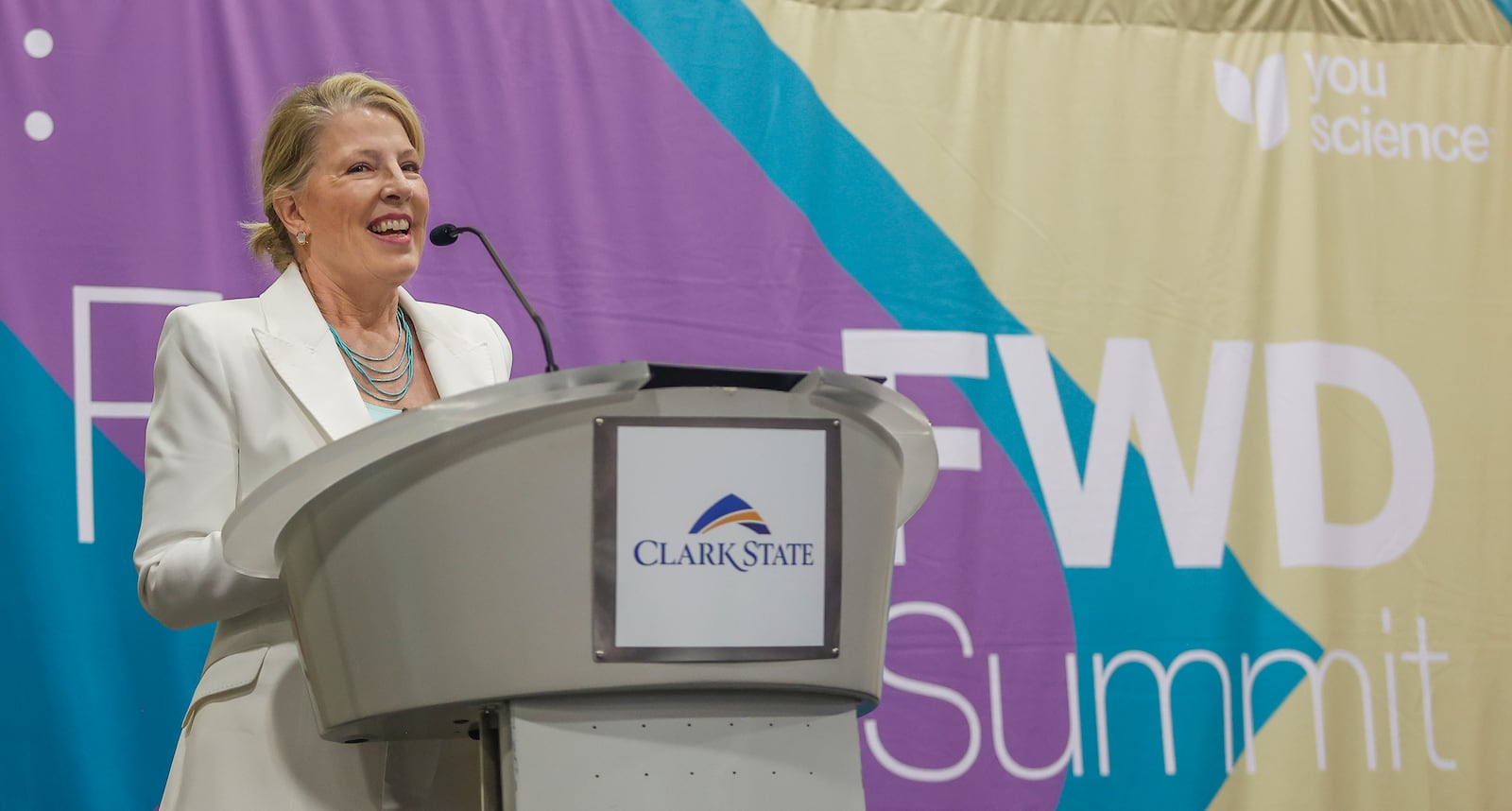 Betsy Wills, co-founder of YouScience and author of "Your Hidden Genius," gives the keynote speech at the FutureFWD Summit on Tuesday, October, 21, 2025, at the Hollenbeck Bayley Center. JOSEPH COOKE/STAFF