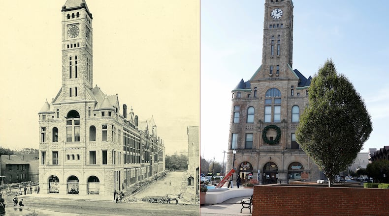 This image from the nine volume publication, Springfield Illustrated, shows Springfieldâs brand new City Building and Marketplace under construction during the second half of 1889. O.S. Kellyâs grand fountain, which was dedicated on July 4, 1889 can be seen in the bottom left corner and you can see signs of the work in progress around the building as workers prepared the building for its opening in February 1890. 127 years later, this building remains as one of few reminders from that Golden Age and stands as a symbol of our community's past and today, as the Heritage Center, it is literally the home of our past where the stories of Clark Countyâs history are preserved and shared. Photo courtesy of the Clark County Historical Society.