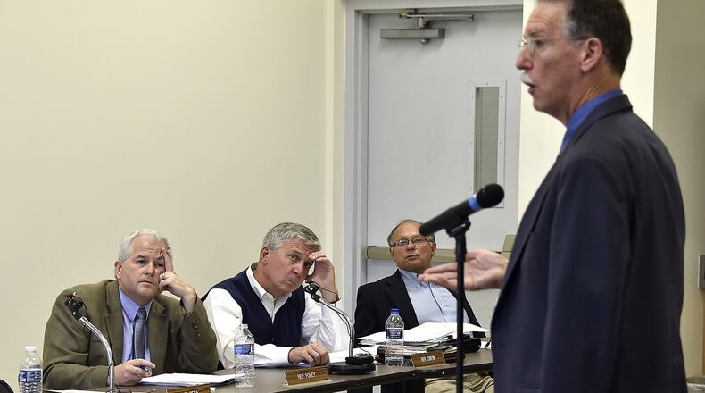 State unemployment committee members listen to Zach Schiller, of Policy Matters Ohio, during a hearing at Pentaflex in Springfield on Tuesday to discuss ways to keep Ohio’s unemployment system solvent. Bill Lackey/Staff