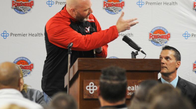 Trotwood-Madison boys basketball coach Rocky Rockhold makes a point during the announcement of the 17th annual Premier Health Flyin’ to the Hoop schedule at Miami Valley Hospital North on Tuesday, Oct. 16, 2018. MARC PENDLETON / STAFF