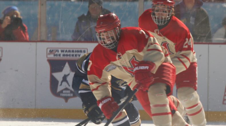 The Miami University hockey team played Notre Dame outdoors at historic Soldier Field in Chicago during the OfficeMax Hockey City Classic on Sunday, Feb. 17, 2013. Notre Dame won the game, 2-1. Barbara J. Perenic/Staff