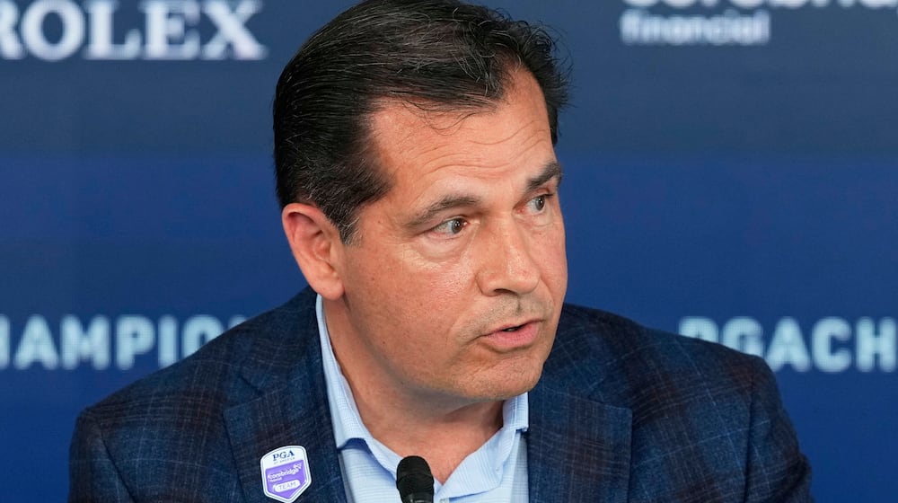 FILE -Derek Sprague, CEO of the PGA of America, speaks during a news conference at the PGA Championship golf tournament at the Quail Hollow Club,, May 13, 2025, in Charlotte, N.C. (AP Photo/Matt York, File)
