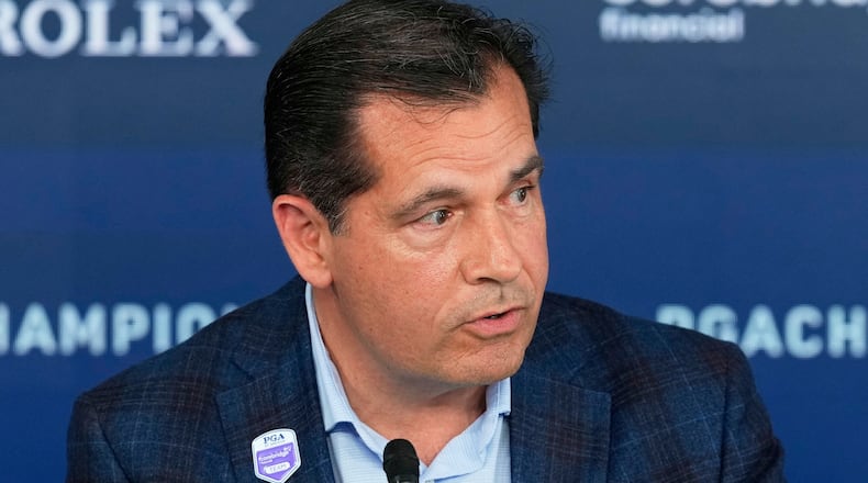FILE -Derek Sprague, CEO of the PGA of America, speaks during a news conference at the PGA Championship golf tournament at the Quail Hollow Club,, May 13, 2025, in Charlotte, N.C. (AP Photo/Matt York, File)