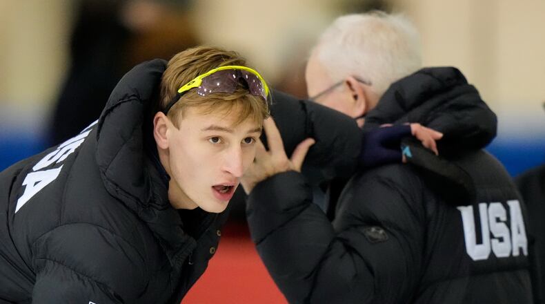 Jordan Stolz copletes his warm ups at the U.S. Olympic trials for long track speed skating at the Pettit National Ice Center Sunday, Jan. 4, 2026 in Milwaukee. (AP Photo/Morry Gash)