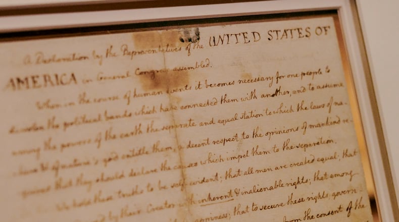 FILE — Thomas Jefferson’s annotated copy of the Declaration of Independence, on display in “The Polonsky Exhibition of the New York Public Library’s Treasures” at the Manhattan library, Jan. 28, 2019. Leonard Polonsky, a philanthropist who funded the arts and helped make significant historical artifacts and documents available to the public, including Sir Isaac Newton’s early papers and a letter from Christopher Columbus’s maiden voyage, died on March 14, 2025, at his home in Manhattan. He was 97. (Vincent Tullo/The New York Times)