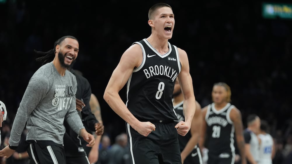 Brooklyn Nets' Egor Demin (8) celebrates after making a three-point shot during the second half of an NBA basketball game against the Orlando Magic Wednesday, Jan. 7, 2026, in New York. (AP Photo/Frank Franklin II)