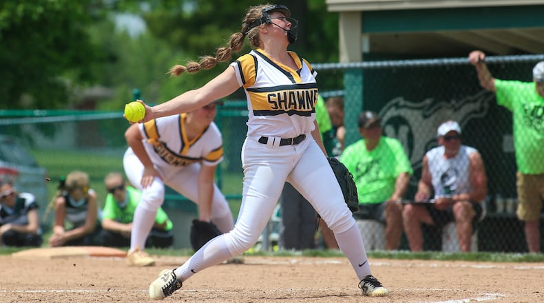 Shawnee High School senior pitcher Hannah Beers motions to the plate during their game against Greenville on Thursday afternoon at Mason High School. Beers struck nine batters, but the Braves fell to the Green Wave 2-0. CONTRIBUTED PHOTO BY MICHAEL COOPER