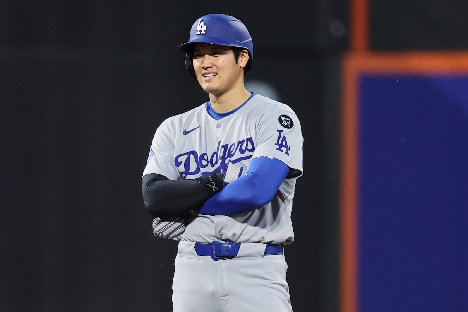 Los Angeles Dodgers' Shohei Ohtani stands on second base during the third inning of a baseball game against the New York Mets Friday, May 23, 2025, in New York. (AP Photo/Pamela Smith)