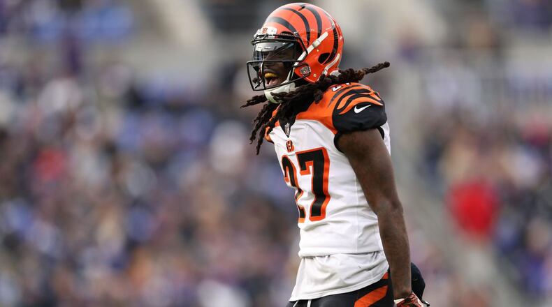 BALTIMORE, MD - NOVEMBER 18: Cornerback Dre Kirkpatrick #27 of the Cincinnati Bengals reacts after a play in the third quarter against the Baltimore Ravens at M&T Bank Stadium on November 18, 2018 in Baltimore, Maryland. (Photo by Patrick Smith/Getty Images)