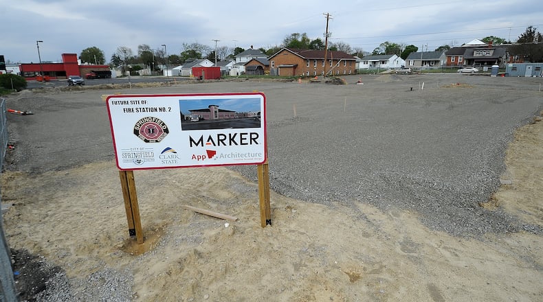 The future site for Springfield Fire Station No. 2 located on South Limestone Street. Prep work has been finished, but construction has been delayed because of relocation of a utility pole. The project still is projected to finish by the end of the year and include space for Clark State's fire cadet work. MARSHALL GORBY\STAFF