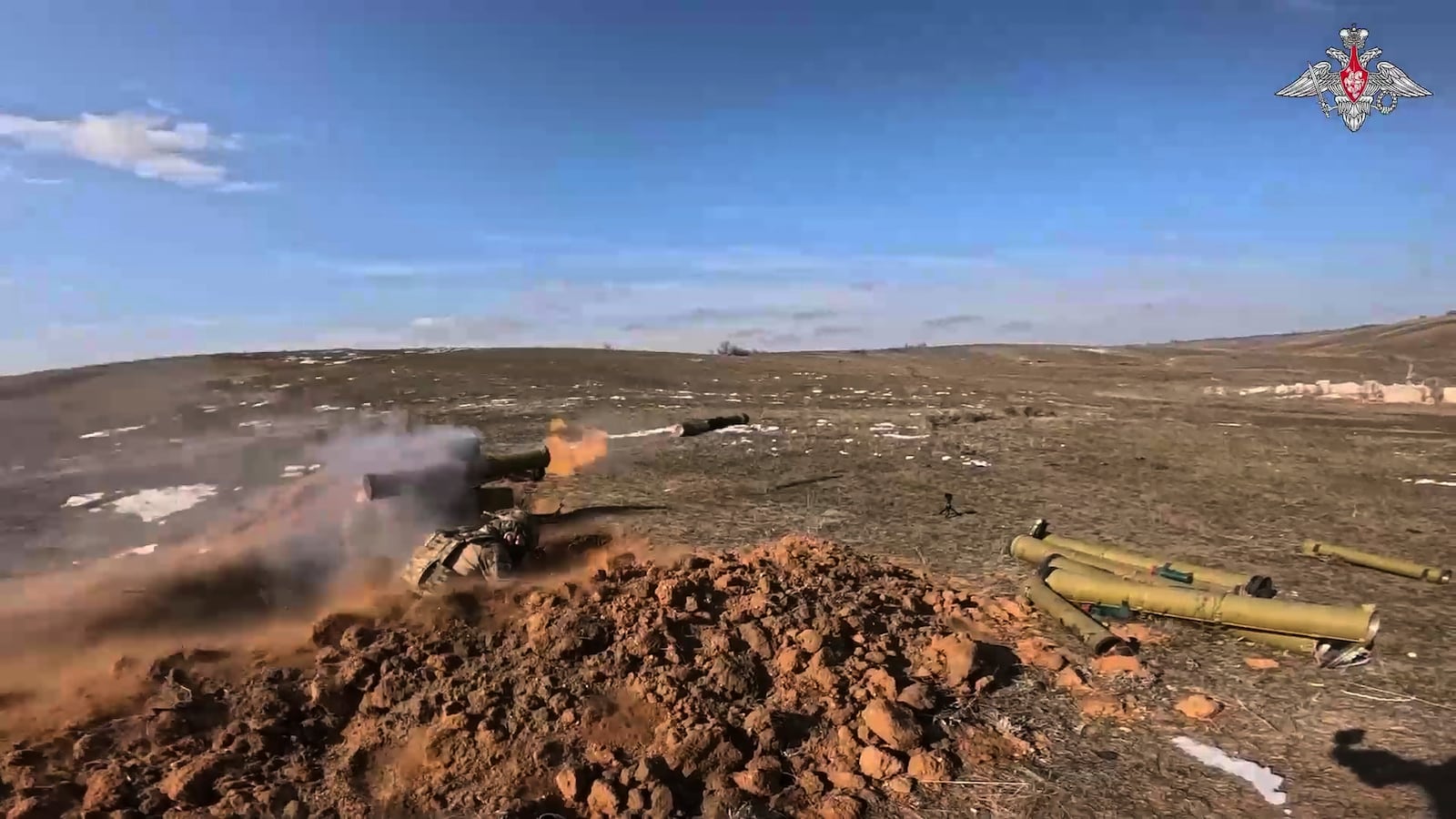 In this photo taken from video distributed by Russian Defense Ministry Press Service on Sunday, April 13, 2025, Russian soldiers in an undisclosed location in Ukraine fire an anti-tank missile during exercising. (Russian Defense Ministry Press Service via AP)