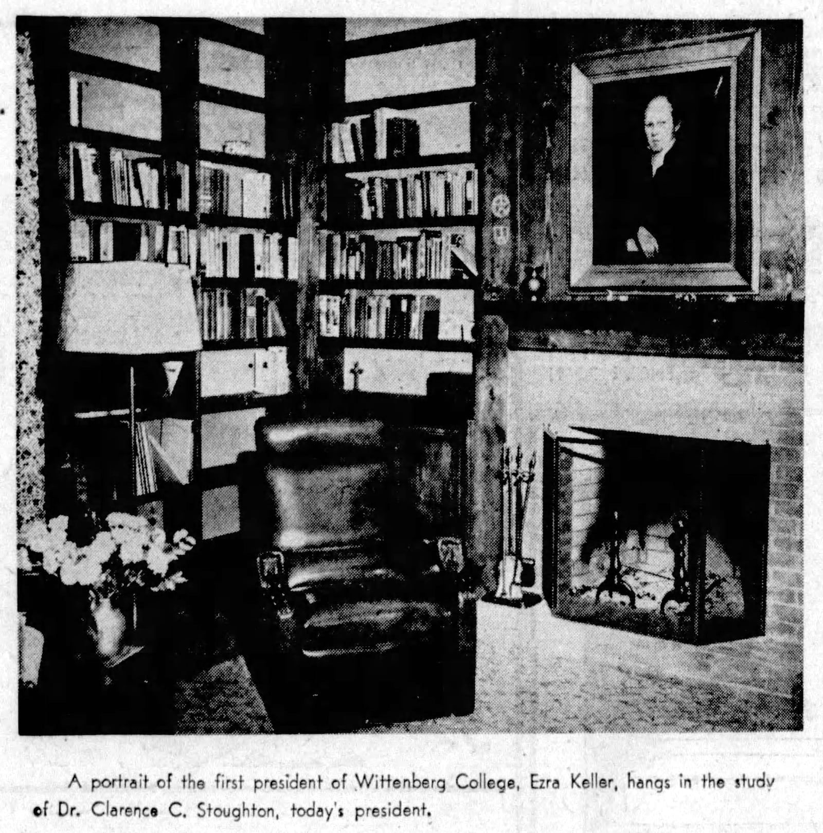 A portrait of the first president of Wittenberg College, Ezra Keller, hangs in the study of the president's residence in 1955. SPRINGFIELD NEW SUN ARCHIVES