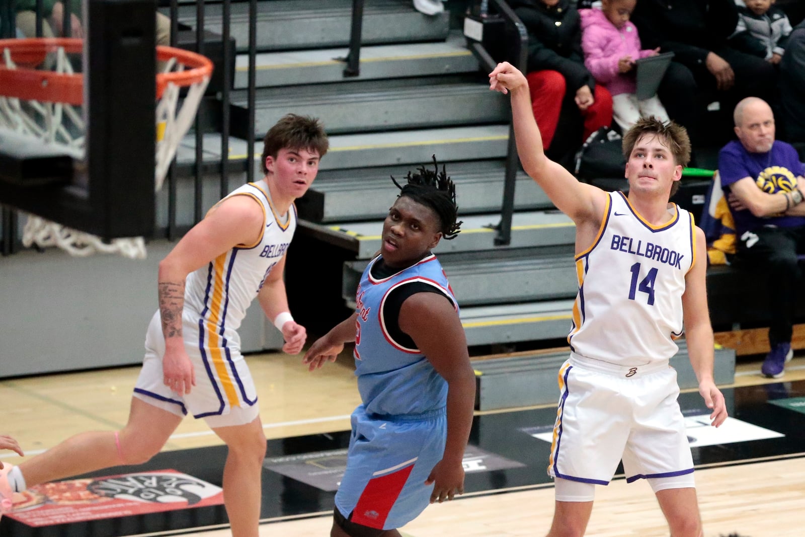 Bellbrook senior David Gregory watches as his three-point attempt goes in during the first half. Bellbrook defeated Belmont 64-59 in a Division III district tournament game on Friday, Feb. 27, 2026, in Centerville. STEVEN WRIGHT / STAFF