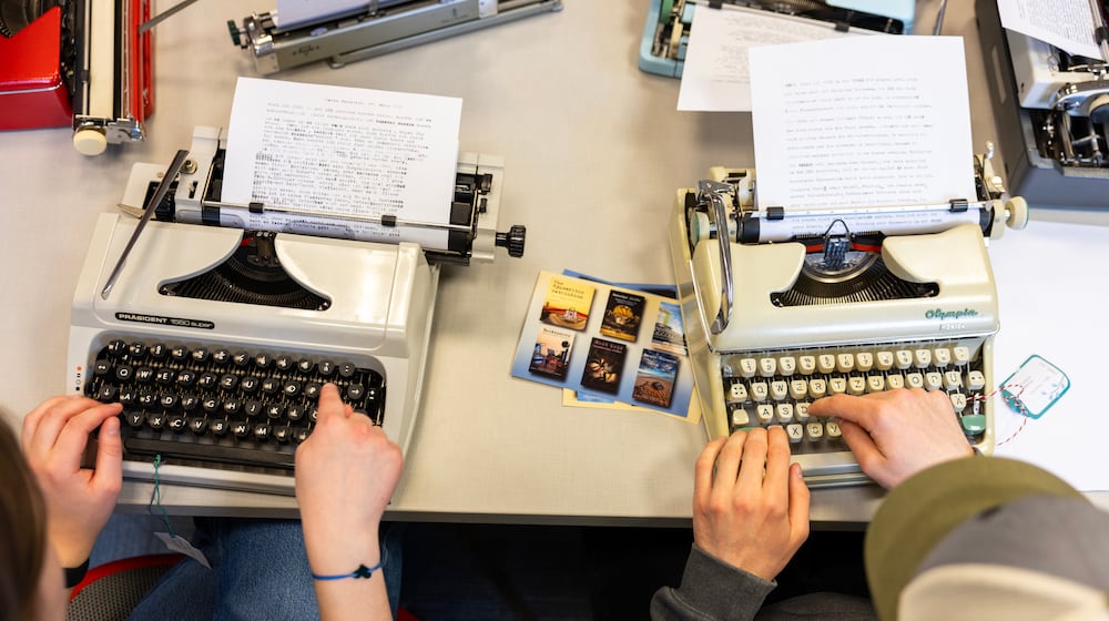 Student use typewriters to complete a writing assignment in German at Cornell University, Friday, March 20, 2026, in Ithaca, N.Y. The professor, Grit Matthias Phelps, brings out the typewriters once each semester for students to disconnect from technology and connect with the assignment in a different way. (AP Photo/Lauren Petracca)