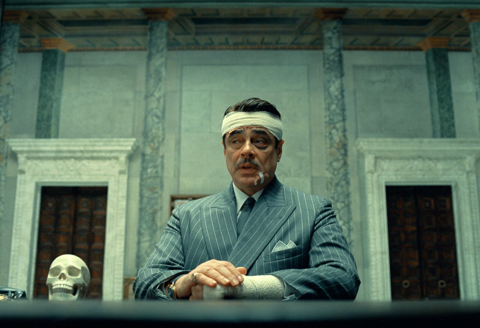 This image released by Focus Features shows Benicio Del Toro in a scene from "The Phoenician Scheme." (TPS Productions/Focus Features via AP)