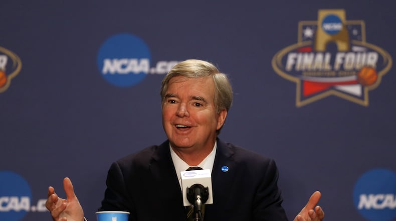 HOUSTON, TEXAS - MARCH 31: National Collegiate Athletic Association President Mark Emmert speaks during a press conference prior to the 2016 NCAA Men's Final Four at NRG Stadium on March 31, 2016 in Houston, Texas. (Photo by Streeter Lecka/Getty Images)