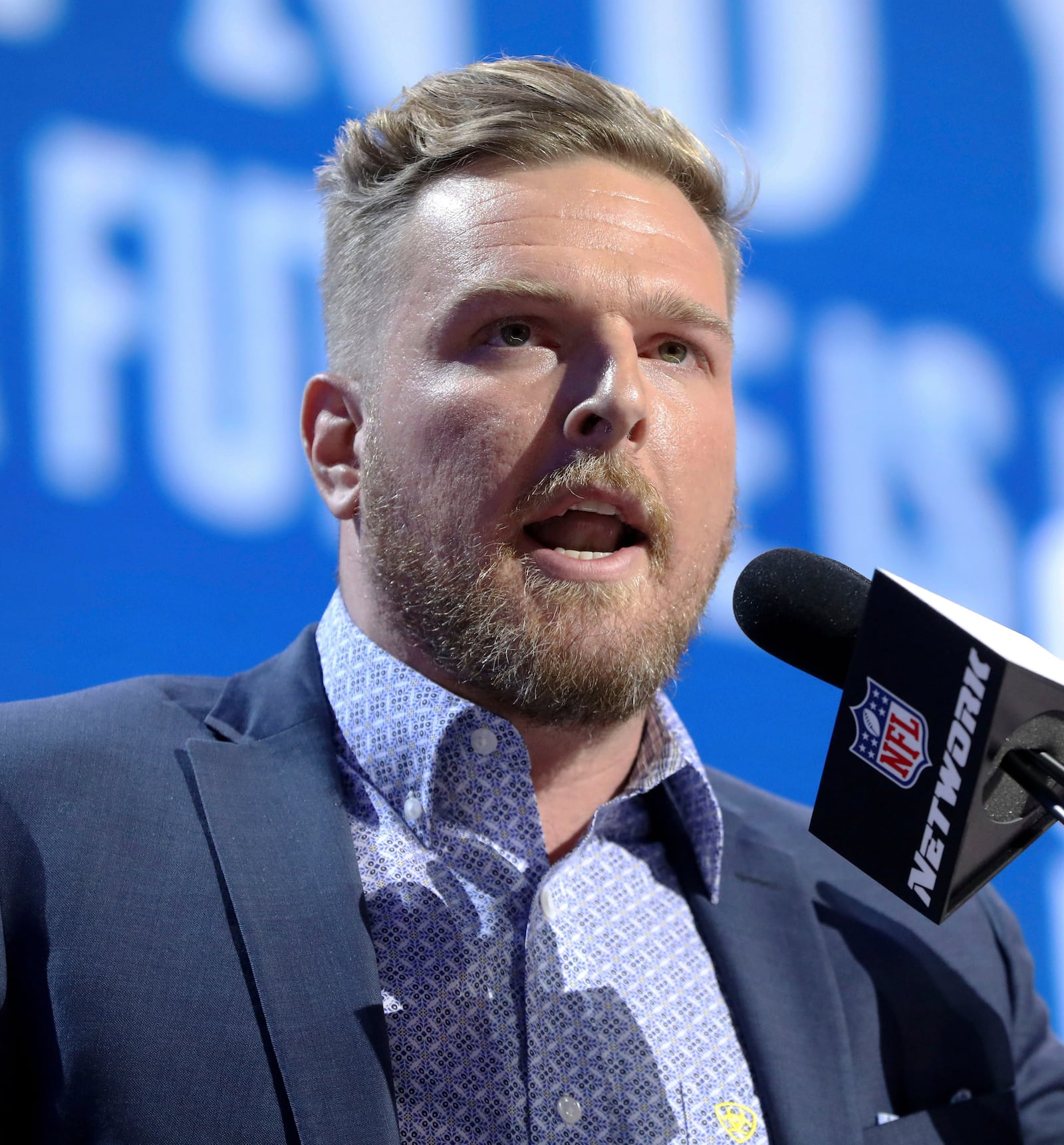 FILE - Pat McAfee speaks during the NFL football draft, April 26, 2019, in Nashville, Tenn. (AP Photo/Gregory Payan, File)