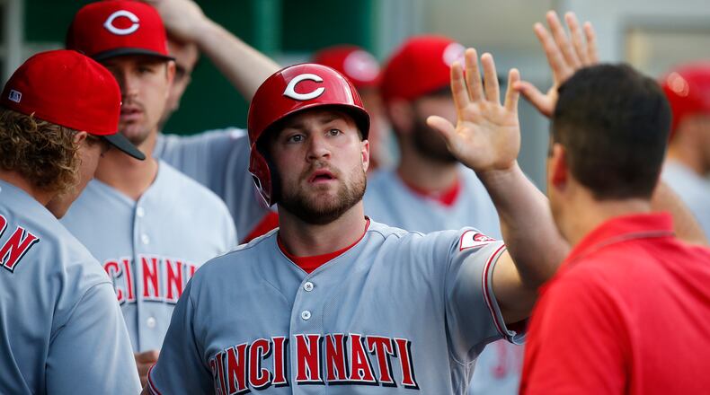 Scott Schebler #43 of the Cincinnati Reds, shown in a game agaisnt Pittsburgh earlier this season, had two hits, including a home run, in Monday’s loss to the Braves. (Photo by Justin K. Aller/Getty Images)