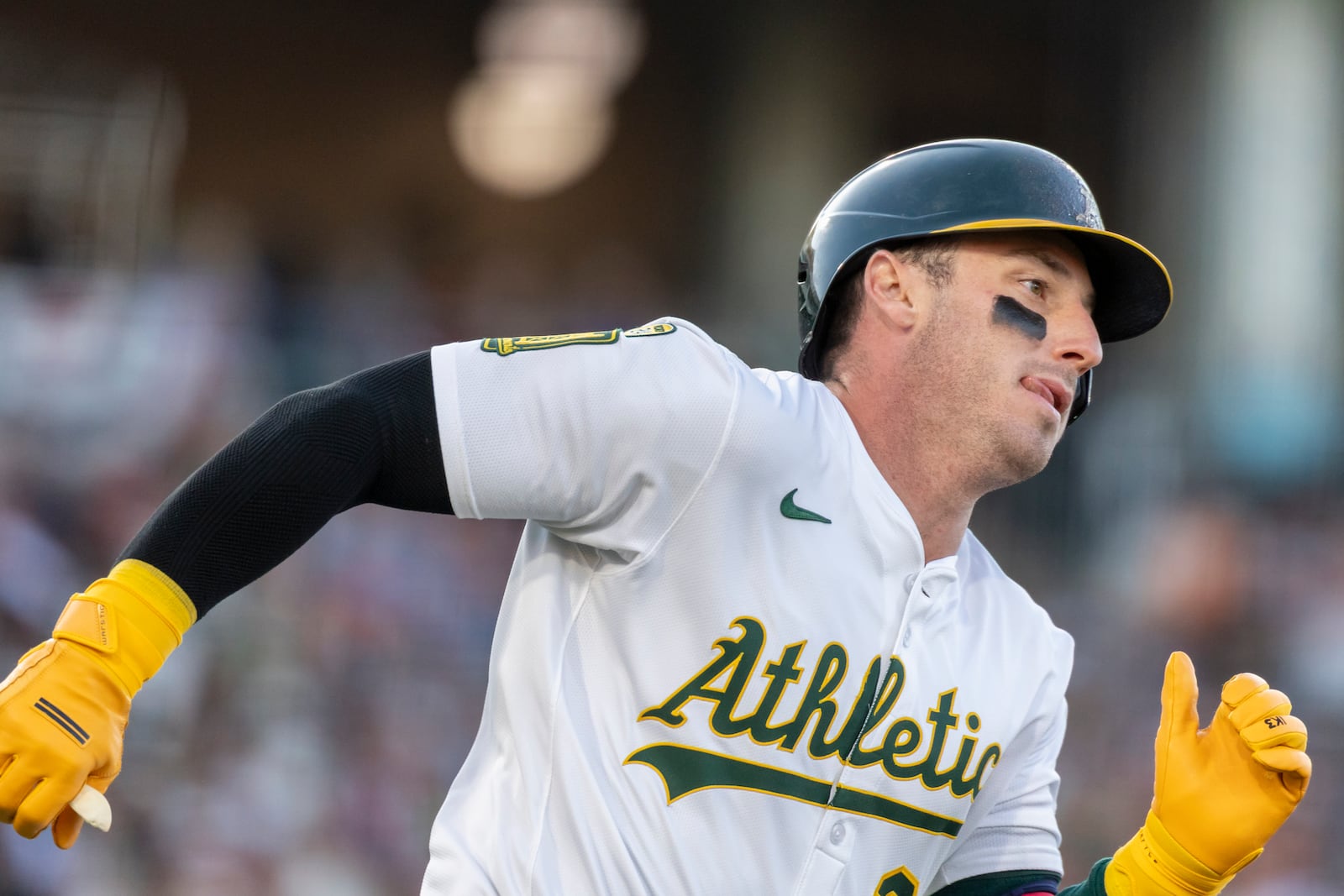Athletics' Brent Rooker runs after hitting an RBI double during the second inning of a baseball game against the San Francisco Giants Friday, July 4, 2025, in West Sacramento, Calif. (AP Photo/Sara Nevis)
