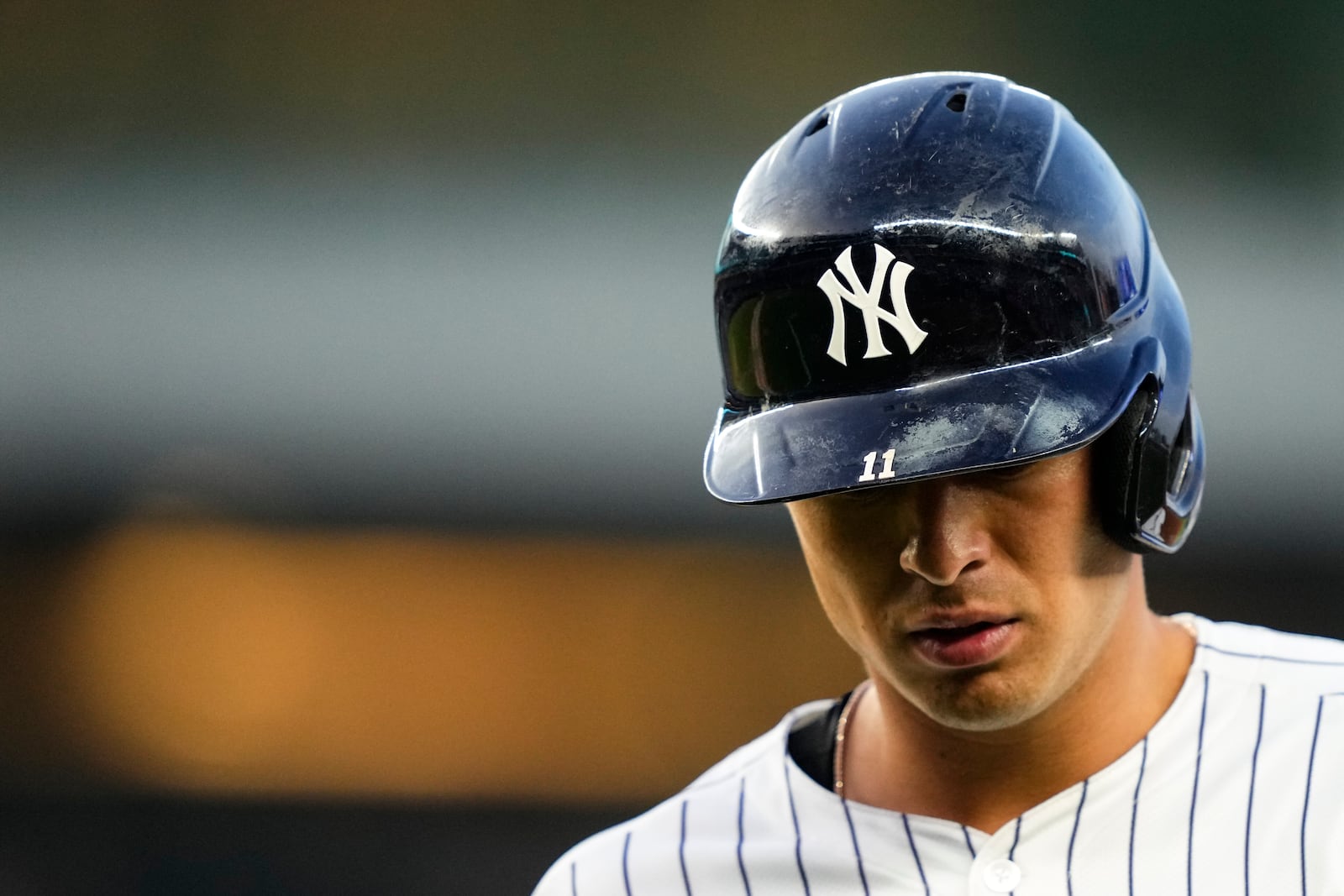 New York Yankees' Anthony Volpe (11) reacts after hitting fly during the third inning of a baseball game against the Seattle Mariners, Thursday, July 10, 2025, in New York. (AP Photo/Yuki Iwamura)