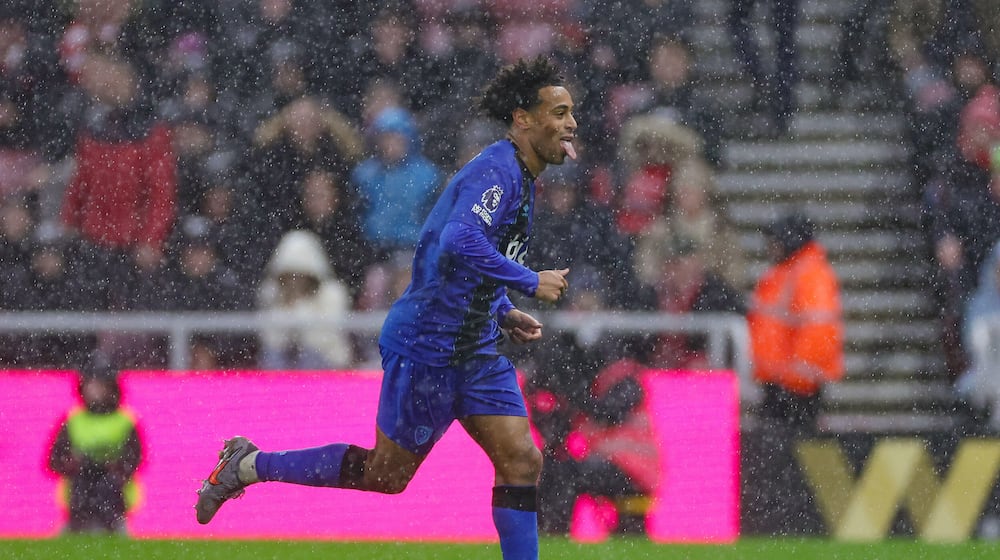 Bournemouth's Tyler Adams celebrates scoring their side's second goal of the game during the Premier League match at the Stadium of Light in Sunderland on Saturday Nov. 29, 2025. (Steve Welsh/PA via AP)