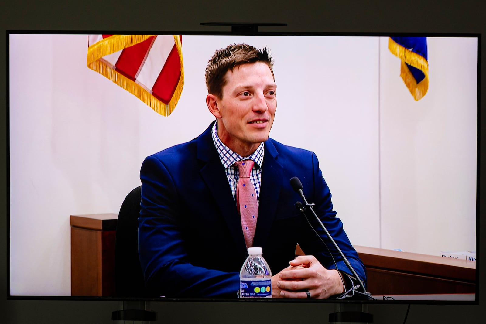 Former Grand Rapids Police officer Christopher Schurr testifies during his fifth day of trial at the Kent County Courthouse in Grand Rapids, Mich. on Friday, May 2, 2025. (Joel Bissell /Kalamazoo Gazette via AP)