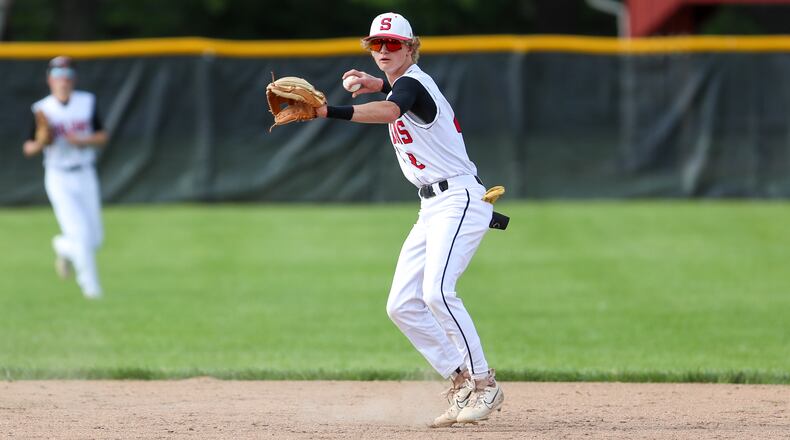 Southeastern High School shortstop senior Aidan Harbage motions towards first base after fielding a ground ball during their Division IV district semifinal game against Catholic Central on Monday, May 22 at South Charleston Community Park. CONTRIBUTED PHOTO BY MICHAEL COOPER