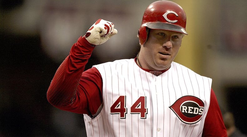 CINCINNATI - APRIL 3: Outfielder Adam Dunn #44 of the Cincinnati Reds celebrates being batted in against the Chicago Cubs on Opening Day at Great American Ball Park on April 3, 2006 in Cincinnati, OH. (Photo by Thomas E. Witte/Getty Images)