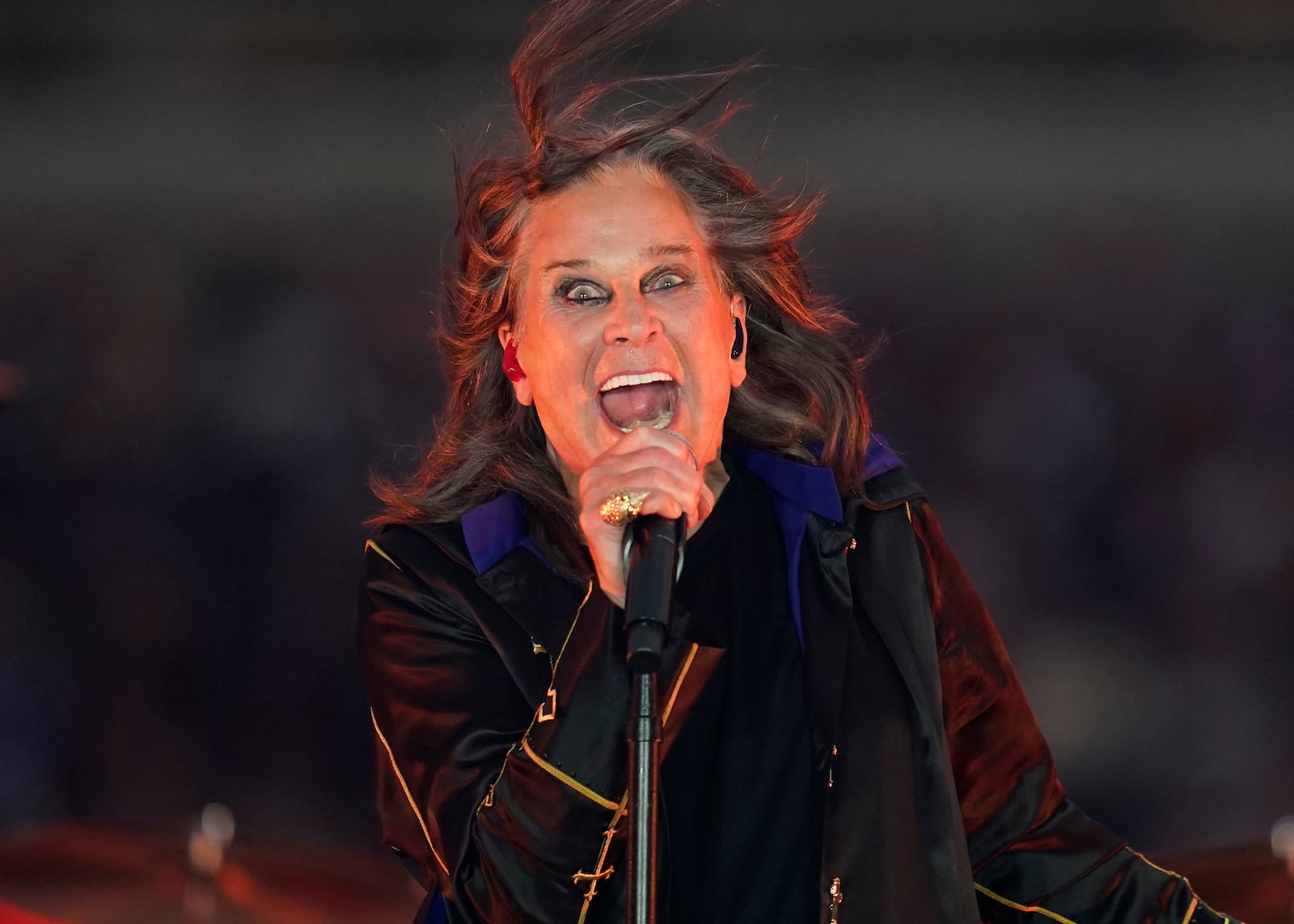 FILE - Singer Ozzy Osbourne performs during halftime of an NFL football game between the Los Angeles Rams and the Buffalo Bills in Inglewood, Calif., Sept. 8, 2022. (AP Photo/Ashley Landis, File)